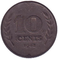 Монета 10 центов. 1942 год, Нидерланды. Монета 10 центов. 1942 год, Нидерланды.