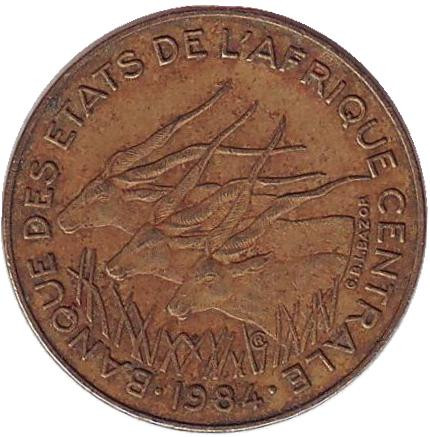 Монета 5 франков. 1984 год, Центральные Африканские штаты. Африканские антилопы. (Западные канны).