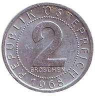 Монета 2 гроша. 1968 год, Австрия. Монета 2 гроша. 1968 год, Австрия.