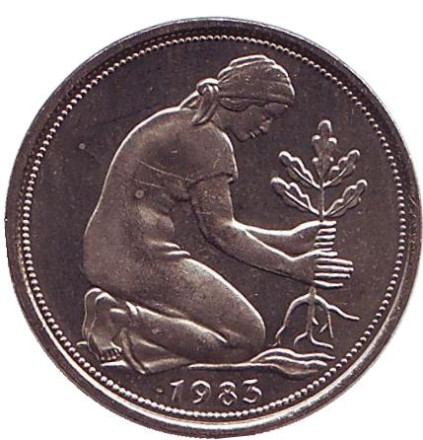 Монета 50 пфеннигов. 1983 год (J), ФРГ. UNC. Женщина, сажающая дуб.