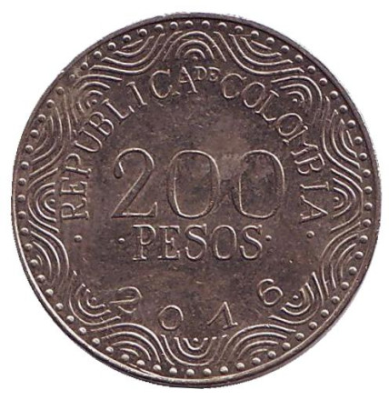 Монета 200 песо. 2016 год, Колумбия. Красный ара.