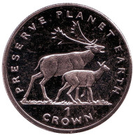 Монета 1 крона. 1994 год, Остров Мэн. Олени. Серия "Сохраним планету Земля". Монета 1 крона. 1994 год, Остров Мэн. Олени. Серия "Сохраним планету Земля".