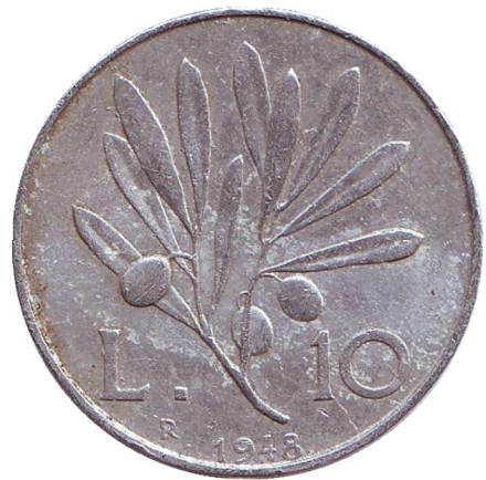 Монета 10 лир. 1948 год, Италия. Пегас.