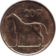 Монета 20 пенсов. 2000 год, Ирландия. Лошадь.
