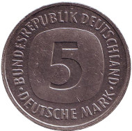 Монета 5 марок. 1992 год (F), ФРГ. Монета 5 марок. 1992 год (F), ФРГ.