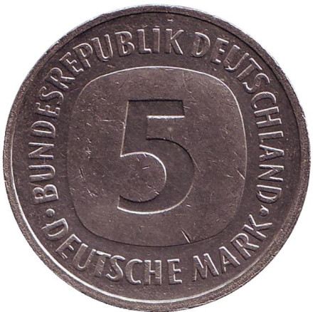Монета 5 марок. 1992 год (F), ФРГ.