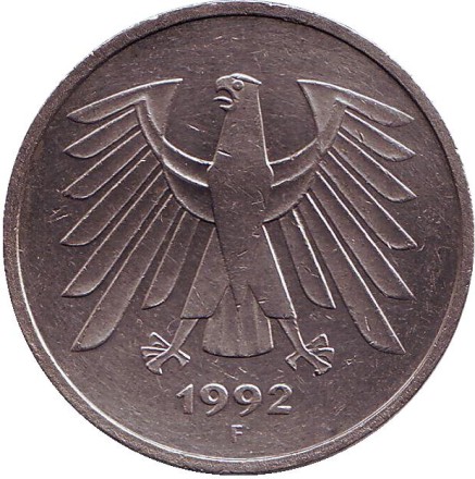 Монета 5 марок. 1992 год (F), ФРГ. Монета 5 марок. 1992 год (F), ФРГ.