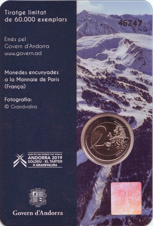 Монета 2 евро. 2019 год, Андорра. Финал Кубка мира по горнолыжному спорту.