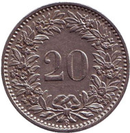 Монета 20 раппенов. 1927 год, Швейцария. Монета 20 раппенов. 1927 год, Швейцария.