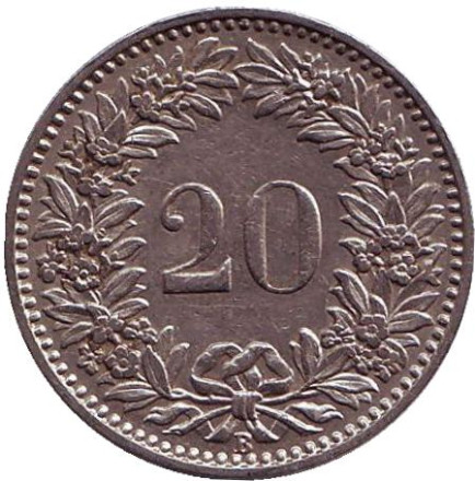 Монета 20 раппенов. 1927 год, Швейцария.
