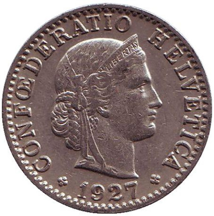 Монета 20 раппенов. 1927 год, Швейцария.