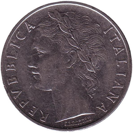 Монета 100 лир. 1955 год, Италия. Богиня мудрости Минерва рядом с оливковым деревом.