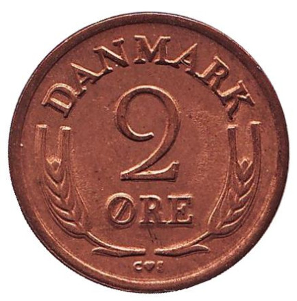 Монета 2 эре. 1966 год, Дания. (бронза). Из обращения.