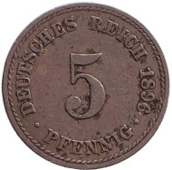 Монета 5 пфеннигов. 1896 год (A), Германская империя. Монета 5 пфеннигов. 1896 год (A), Германская империя.