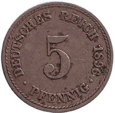 Монета 5 пфеннигов. 1896 год (A), Германская империя.