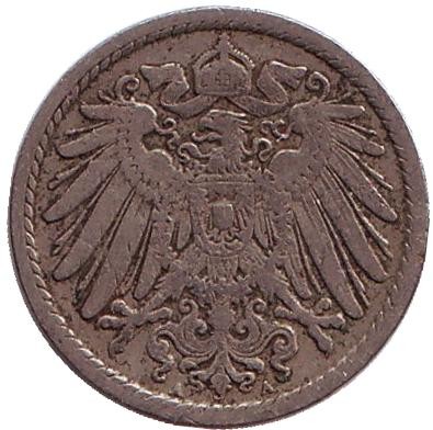 Монета 5 пфеннигов. 1896 год (A), Германская империя. Монета 5 пфеннигов. 1896 год (A), Германская империя.