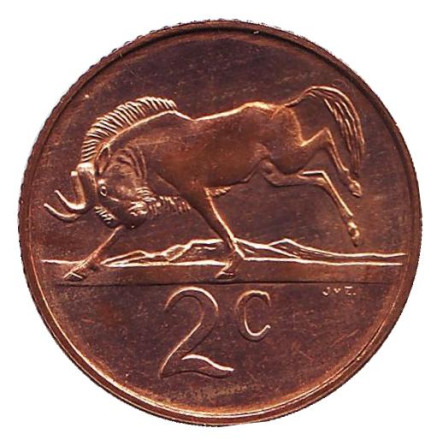 Монета 2 цента. 1983 год, Южная Африка. aUNC. Белохвостый гну.