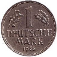 Монета 1 марка. 1965 год (F), ФРГ. Монета 1 марка. 1965 год (F), ФРГ.
