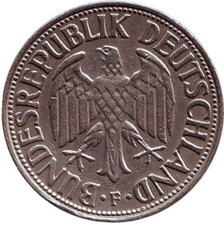 Монета 1 марка. 1965 год (F), ФРГ. Монета 1 марка. 1965 год (F), ФРГ.