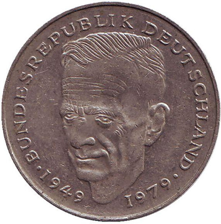 Монета 2 марки. 1992 год (A), ФРГ. Из обращения. Курт Шумахер.