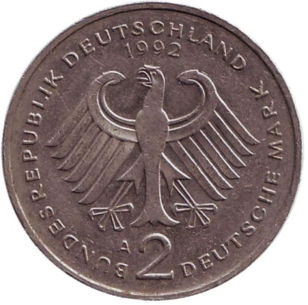 Монета 2 марки. 1992 год (A), ФРГ. Курт Шумахер.
