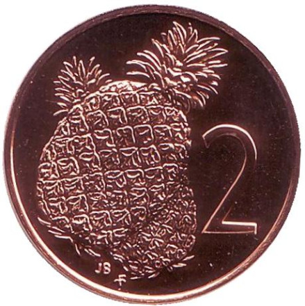 Монета 2 цента. 1975 год, Острова Кука. (Отметка монетного двора: "FM"). Ананас.