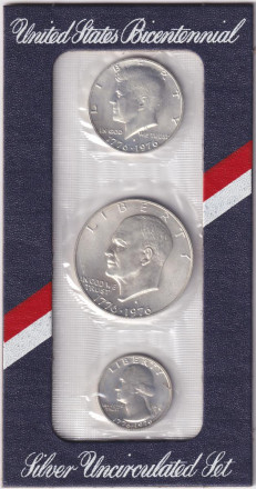 Набор из 3-х монет номиналами 25, 50 центов и 1 доллар. 1976 год, США. 200 лет независимости.