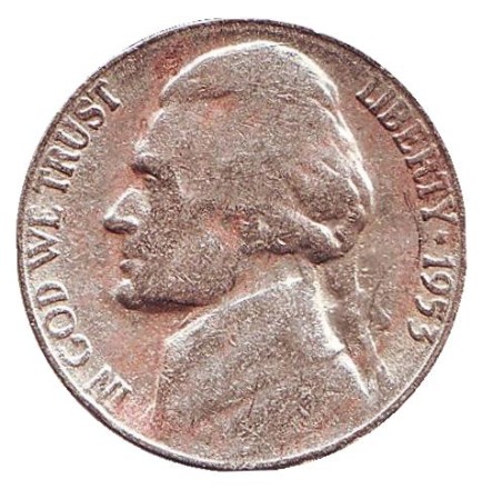 Монета 5 центов. 1953 год (S), США. Джефферсон. Монтичелло. Монета 5 центов. 1953 год (S), США. Джефферсон. Монтичелло.