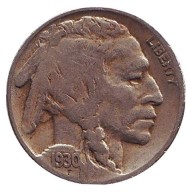 Монета 5 центов. 1930 год (S), США. Бизон. Индеец. Монета 5 центов. 1930 год (S), США. Бизон. Индеец.