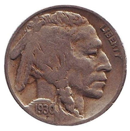 Монета 5 центов. 1930 год (S), США. Бизон. Индеец.