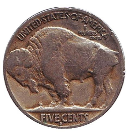 Монета 5 центов. 1930 год (S), США. Бизон. Индеец.