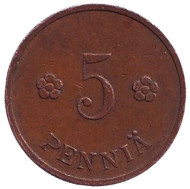 Монета 5 пенни. 1935 год, Финляндия. Монета 5 пенни. 1935 год, Финляндия.