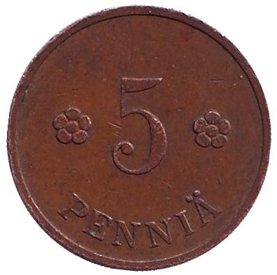 Монета 5 пенни. 1935 год, Финляндия.
