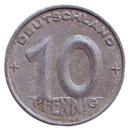 Монета 10 пфеннигов. 1952 (A) год, ГДР.