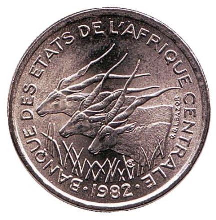 Монета 50 франков. 1982 год (A - Чад), Центральные Африканские штаты. UNC. Африканские антилопы. (Западные канны).