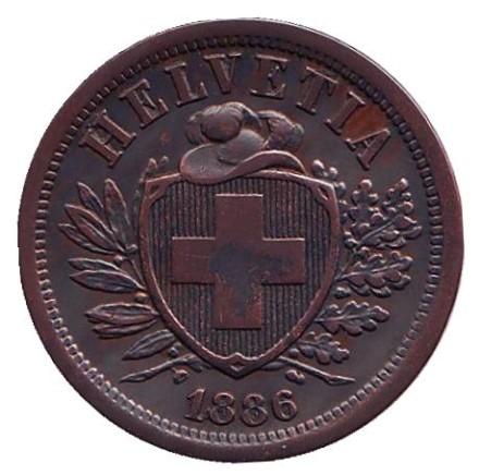 Монета 2 раппена. 1886 год, Швейцария. Монета 2 раппена. 1886 год, Швейцария.