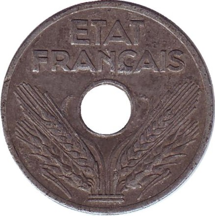 Монета 20 (VINGT) сантимов. 1941 год, Франция. Режим Виши.