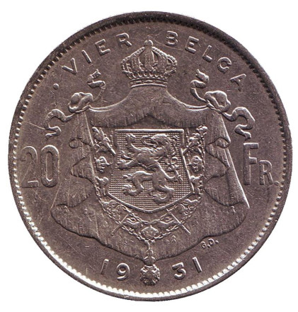 Монета 20 франков. 1931 год, Бельгия. (Der Belgen) Король Альберт I.