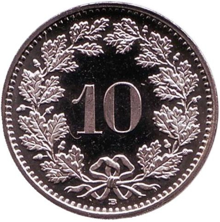 Монета 10 раппенов. 2014 год, Швейцария. UNC.