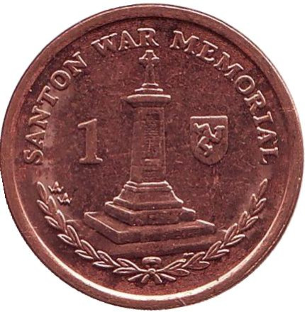 Монета 1 пенни. 2008 год, Остров Мэн. Из обращения. Военный мемориал в Сантоне.