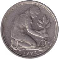 Монета 50 пфеннигов. 1992 год (A), ФРГ. Женщина, сажающая дуб. Монета 50 пфеннигов. 1992 год (A), ФРГ. Женщина, сажающая дуб.