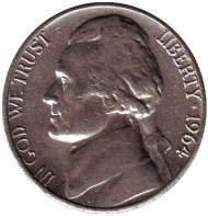 Монета 5 центов. 1964 год (P), США. Джефферсон. Монтичелло. Монета 5 центов. 1964 год (P), США. Джефферсон. Монтичелло.