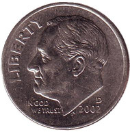 Монета 10 центов. 2002 (D) год, США. Рузвельт. Монета 10 центов. 2002 (D) год, США. Рузвельт.