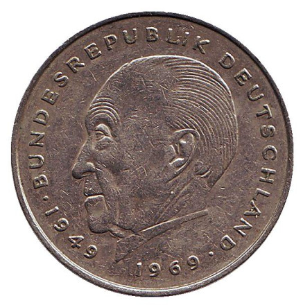 Монета 2 марки. 1978 год (D), ФРГ. Из обращения. Конрад Аденауэр.