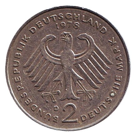 Монета 2 марки. 1978 год (D), ФРГ. Конрад Аденауэр. Монета 2 марки. 1978 год (D), ФРГ. Конрад Аденауэр.