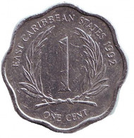 Монета 1 цент. 1992 год, Восточно-Карибские государства.