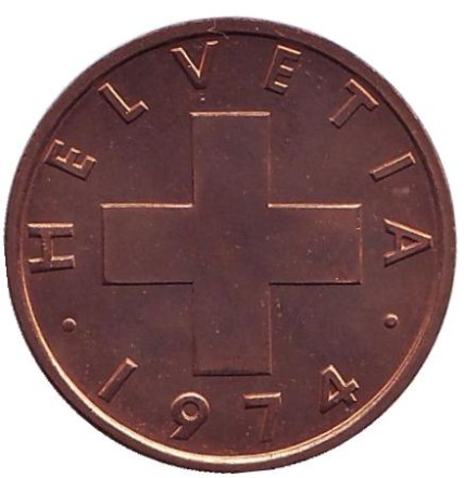 Монета 2 раппена. 1974 год, Швейцария. XF-aUNC. Монета 2 раппена. 1974 год, Швейцария. XF-aUNC.