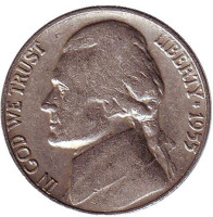 Джефферсон. Монтичелло. Монета 5 центов. 1955 год (D), США.