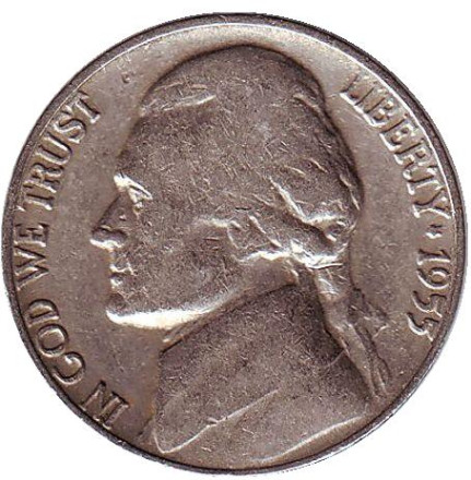 Монета 5 центов. 1955 год (D), США. Джефферсон. Монтичелло.