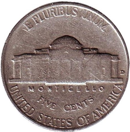 Монета 5 центов. 1955 год (D), США. Джефферсон. Монтичелло. Монета 5 центов. 1955 год (D), США. Джефферсон. Монтичелло.